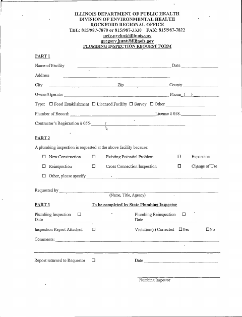 First page of the Plumbing Inspection Request Form
