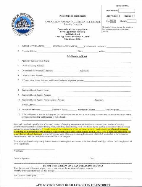 First page of the Residential Rental Mercantile License Application