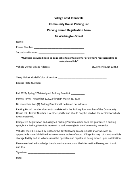 First page of the Parking Permit Registration Form
