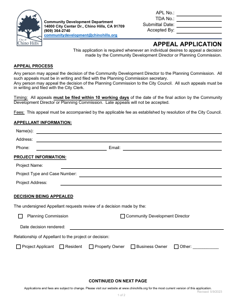 First page of the Appeal Application