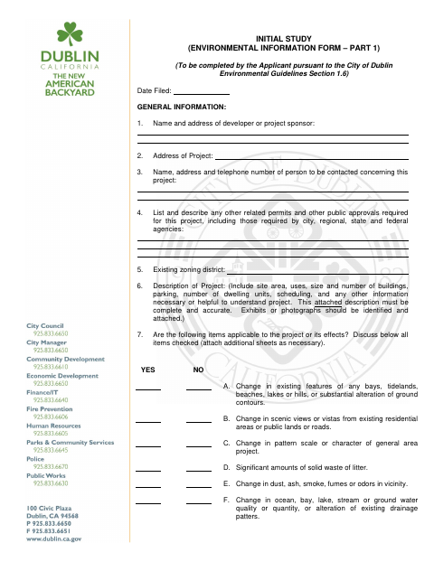 First page of the Initial Study Environmental Information Form