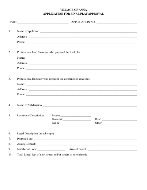 First page of the Final Plat Approval Application
