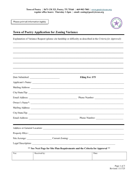 First page of the Application for Zoning Variance