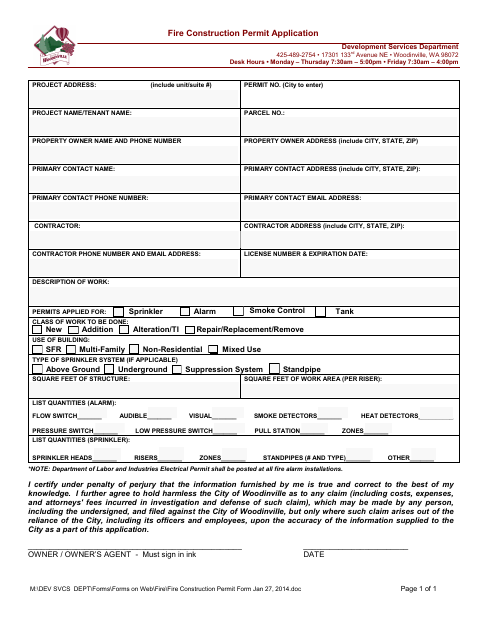First page of the Fire Construction Permit Application