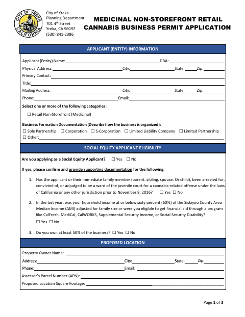 First page of the Medicinal Non-Storefront Retail Cannabis Business Permit Application