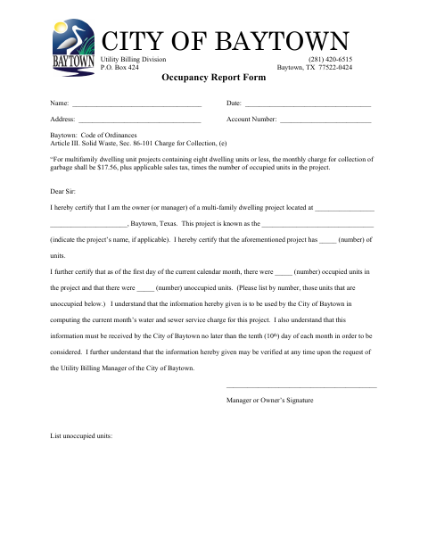 First page of the Occupancy Report Form