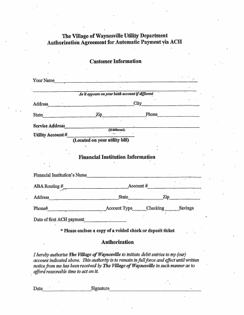First page of the ACH Automatic Payment Authorization