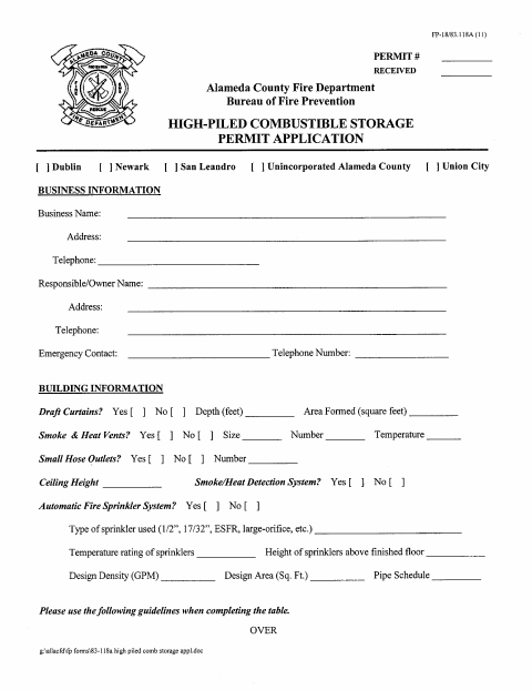 First page of the High-Piled Combustible Storage Permit Application
