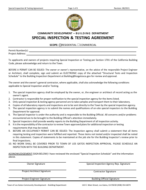 First page of the Special Inspection & Testing Agreement