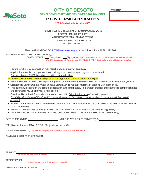 First page of the R.O.W. Permit Application