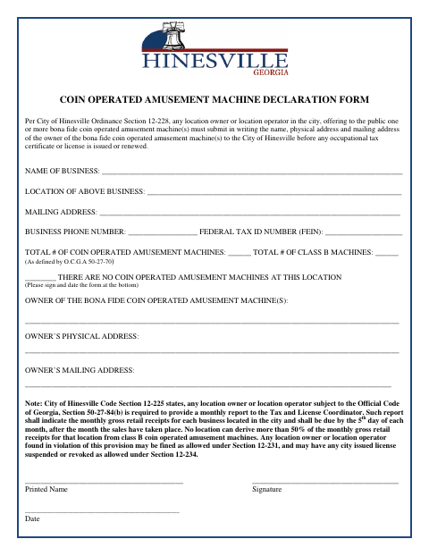 First page of the Coin Operated Amusement Machine Declaration Form