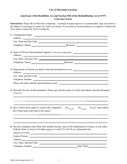 First page of the Grievance Form