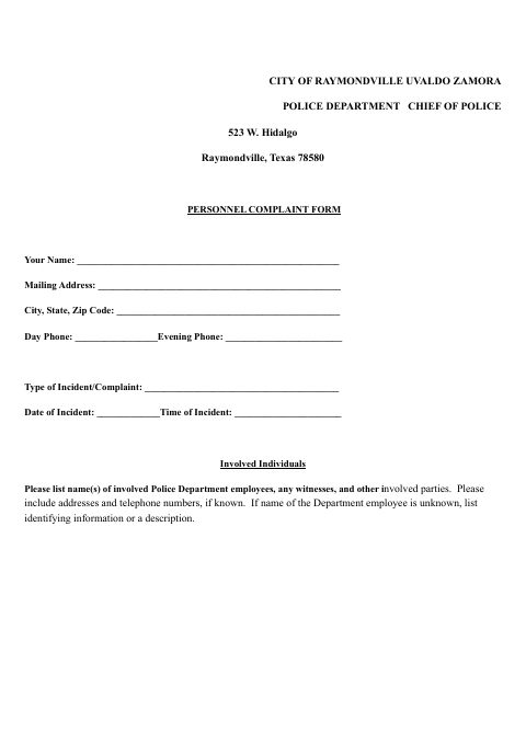 First page of the Personnel Complaint Form