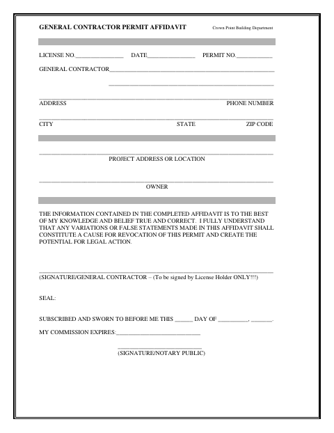 First page of the General Contractor Permit Affidavit