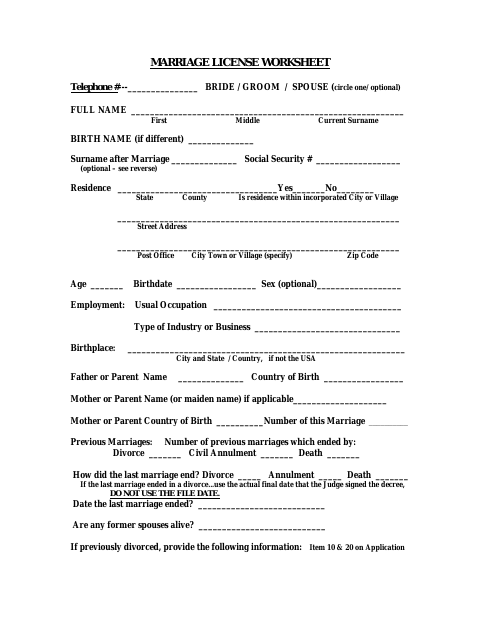 First page of the Marriage License Application Worksheet