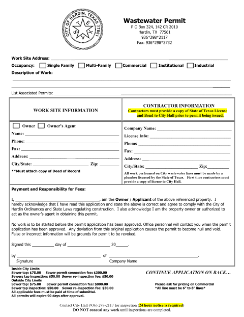 First page of the Wastewater Permit Application