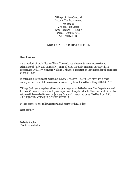 First page of the Individual Income Tax Registration Form