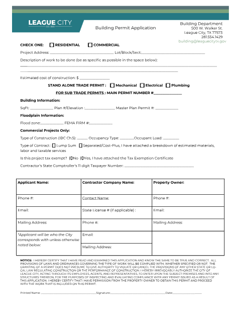 First page of the Building Permit Application