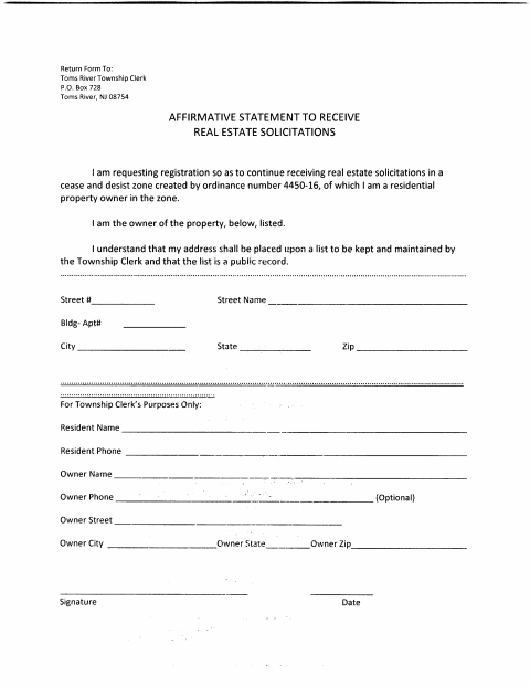 First page of the Affirmative Statement to Receive Real Estate Solicitations