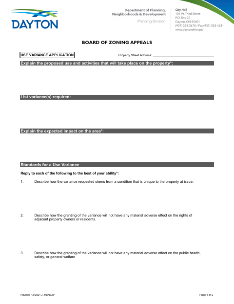 First page of the Board of Zoning Appeals Use Variance Application