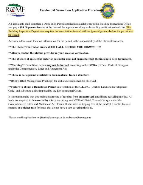 First page of the Residential Demolition Application Procedures