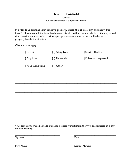 First page of the Official Complaint and/or Compliment Form