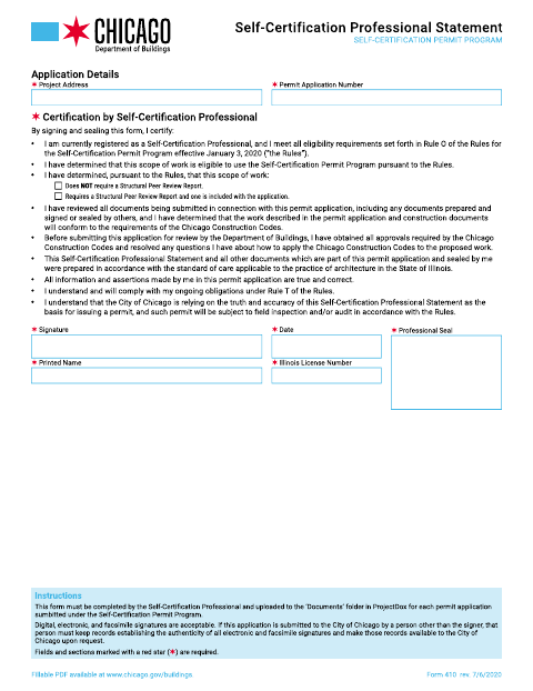First page of the Self-Certification Professional Statement (Form 410)