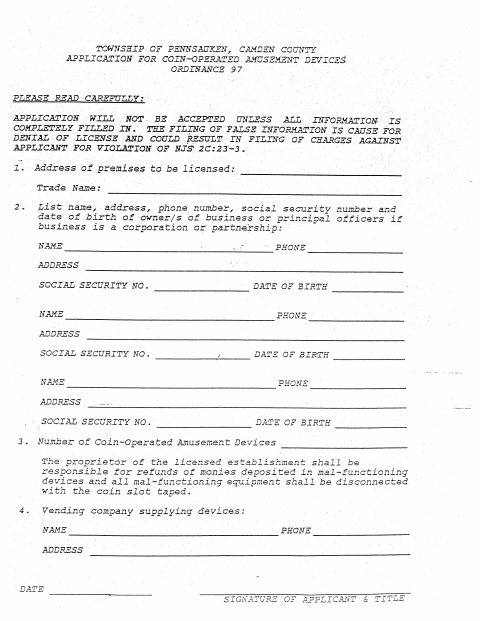 First page of the Coin-Operated Amusement Devices Application