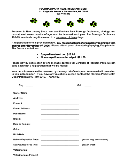 First page of the Pet License Registration Form