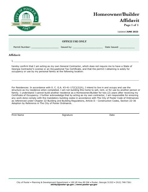 First page of the Homeowner/Builder Affidavit
