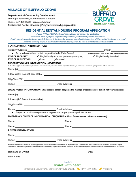 First page of the Residential Rental Housing Program Application
