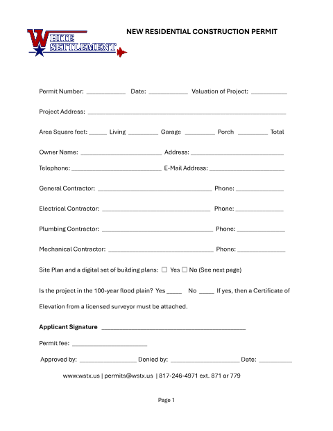 First page of the New Residential Construction Permit Application