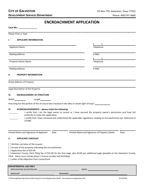 First page of the Encroachment Application