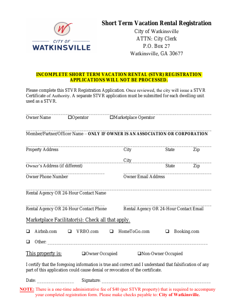 First page of the Short-Term Vacation Rental Registration Form