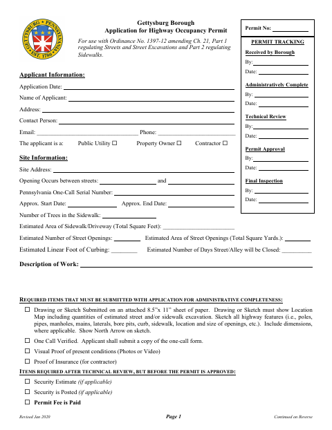 First page of the Highway Occupancy Permit and Street Excavation Permit Application