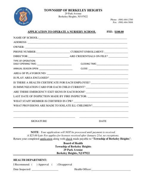 First page of the Application to Operate a Nursery School