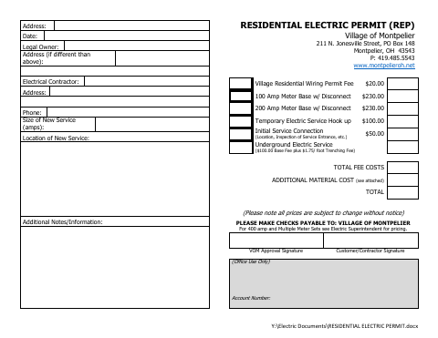 First page of the Residential Electric Permit