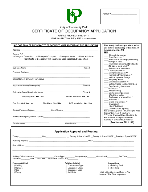First page of the Certificate of Occupancy Application