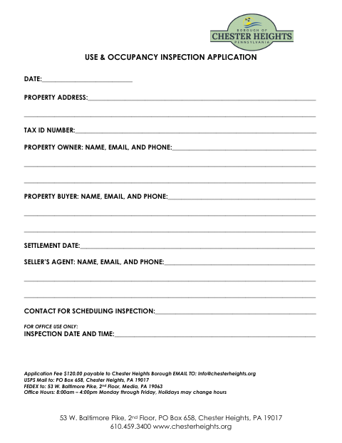 First page of the Use & Occupancy Inspection Application