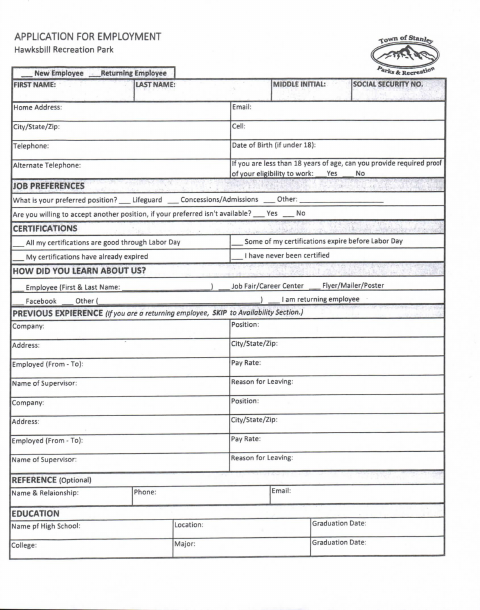First page of the Hawksbill Recreation Park Employment Application