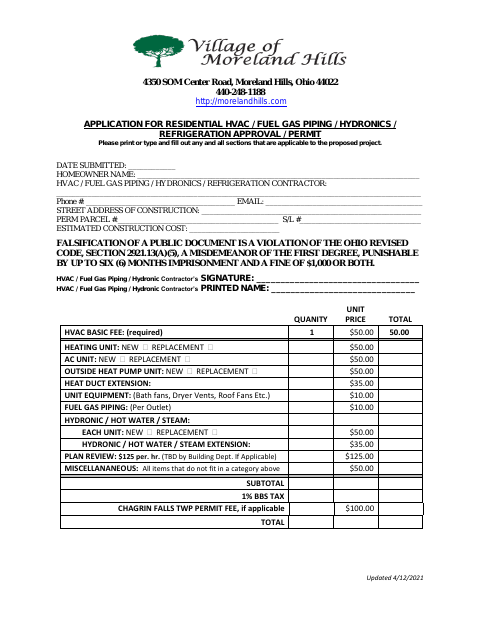 First page of the Residential HVAC, Fuel Gas Piping, Hydronics, and Refrigeration Approval or Permit Application