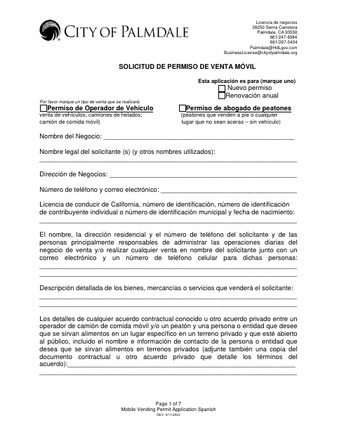 First page of the Mobile Vending Permit Application Spanish