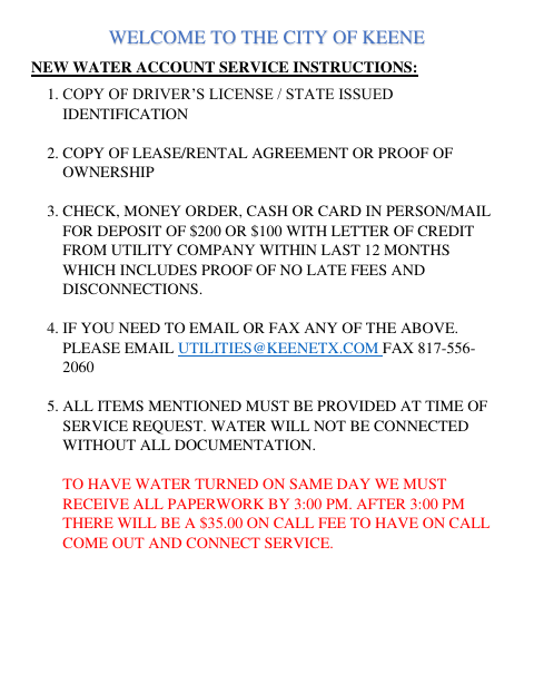 First page of the New Water Account Application