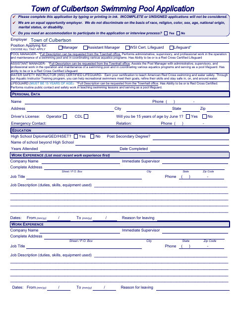 First page of the Swimming Pool Employment Application