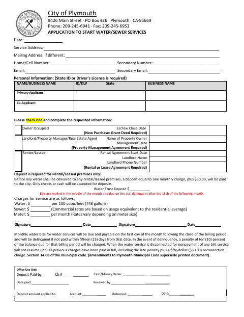 First page of the Application to Start Water/Sewer Services