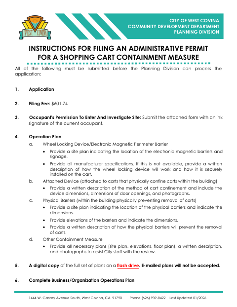 First page of the Administrative Permit Application for a Cart Containment Measure