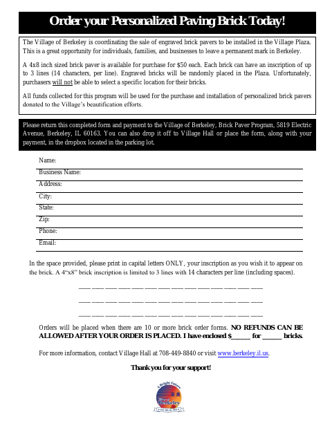 First page of the Brick Paver Program Order Form