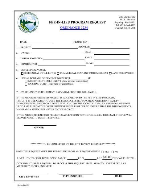 First page of the Fee-In-Lieu Program Request