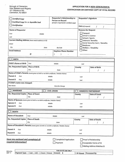 First page of the Vital Records Application