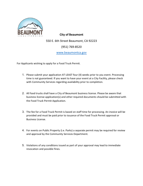 First page of the Food Truck Permit Application